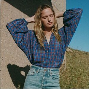 Doen Jane Blouse Azure French Plaid blue Size L